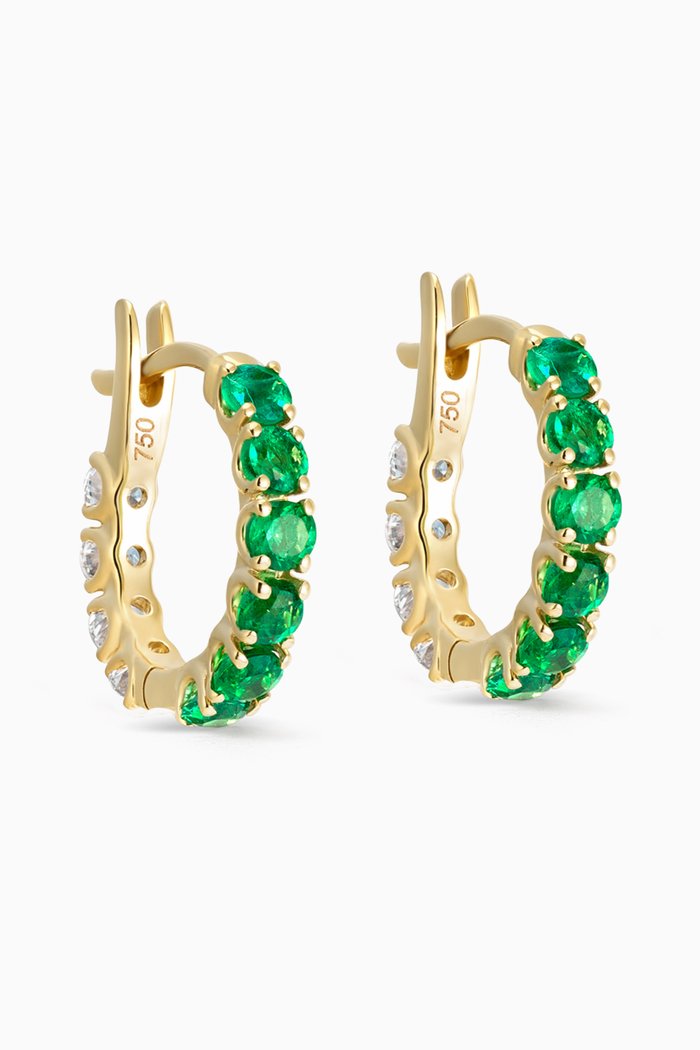 

Emerald & Diamond Switch Huggies in 18kt Yellow Gold, Green