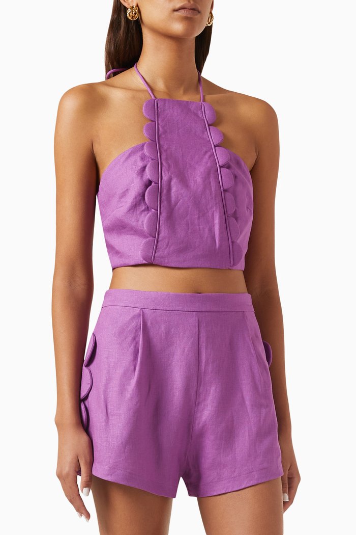 

Bubble Halterneck Crop Top in Linen, Purple