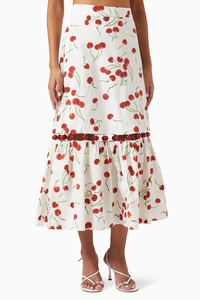 Cherry Bomb Midi Skirt in Cotton, White