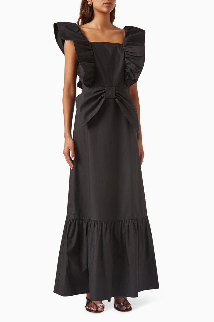Cherry Bomb Ruffled Maxi Dress in Cotton, Black