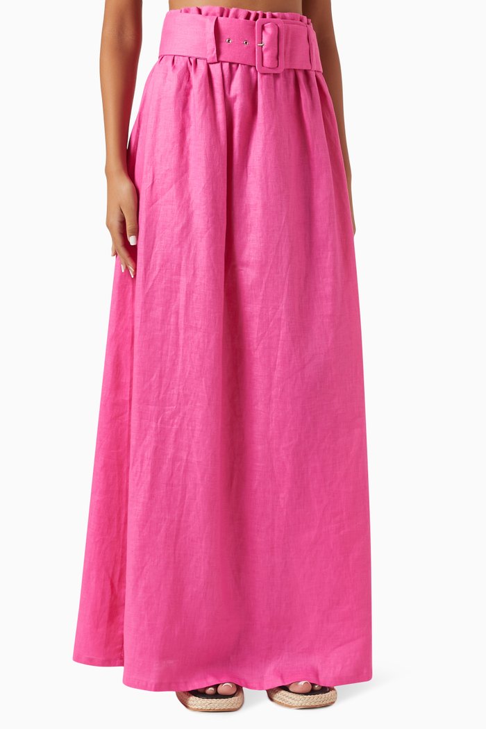 

Belted Maxi Skirt in Linen, Pink