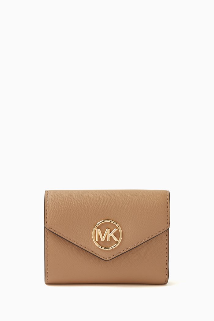 

Carmen Medium Tri-fold Envelope Wallet in Saffiano Leather, Brown