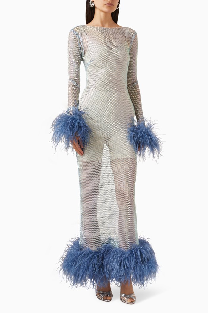 

Léa Feather-trim Mini Dress in Fishnet, Blue