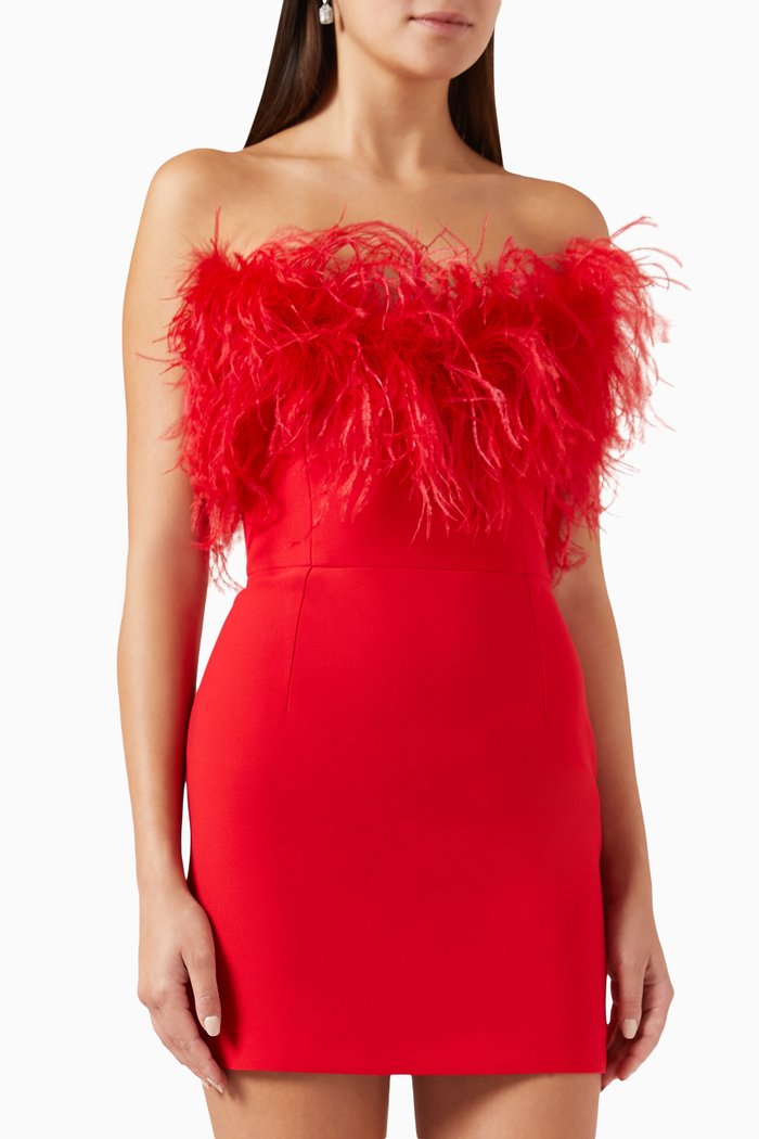 Cynthia Feather-trim Mini Dress in Crepe, Red