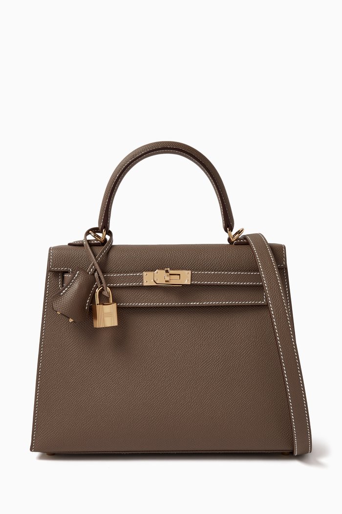 Kelly 25 Sellier in Etoupe with Epsom Leather and Gold hardware, Grey