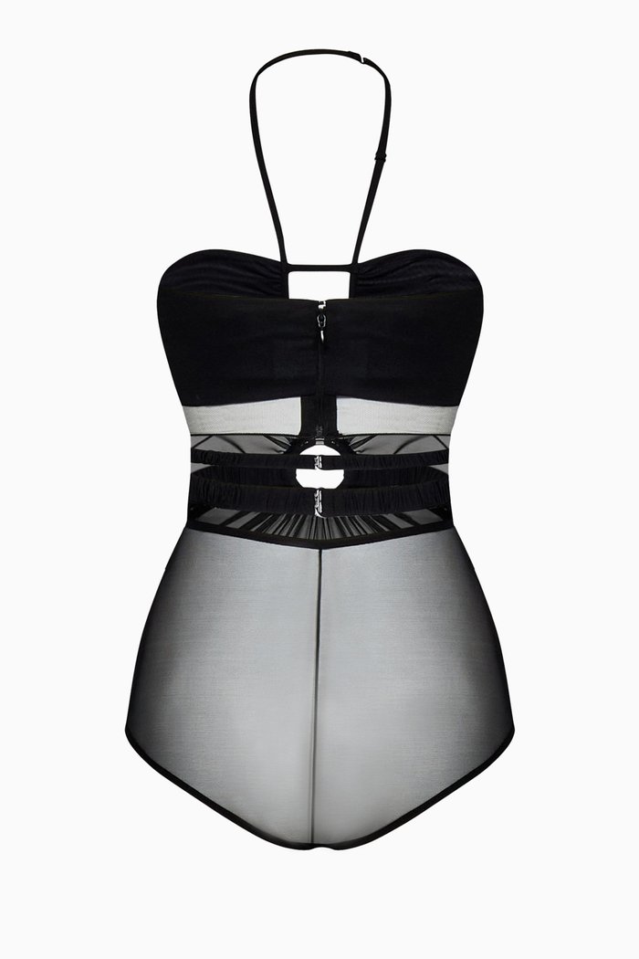 

Gathered Bodysuit in Stretch Tulle, Black