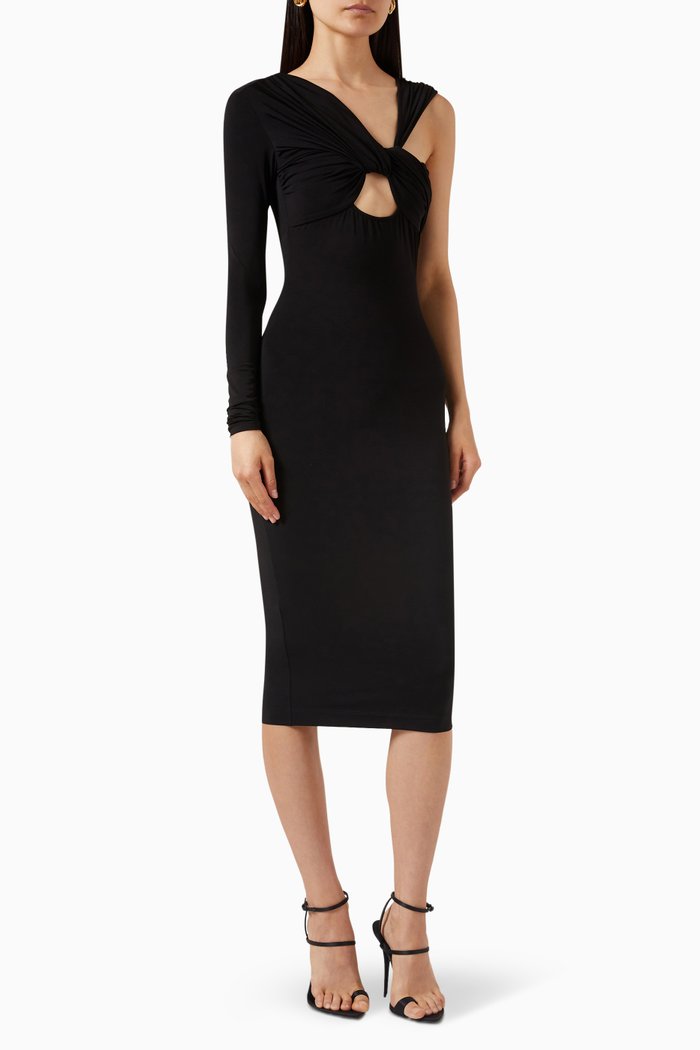 

One-shoulder Draped Midi Dress in Stretch Cupro, Black