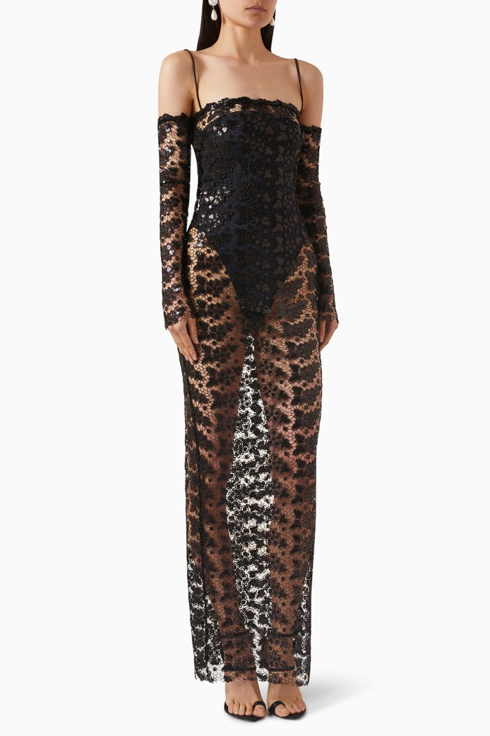 

Moss Off-shoulder Maxi Dress in Lace-sequins, Black