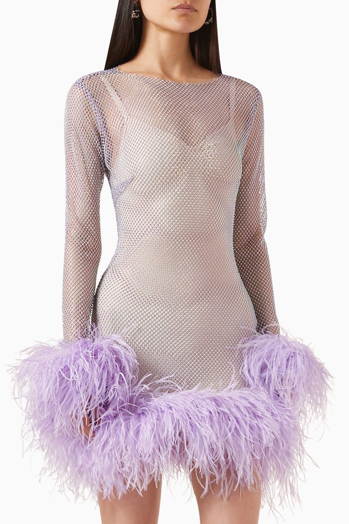 

Léa Feather-trim Mini Dress in Fishnet, Purple
