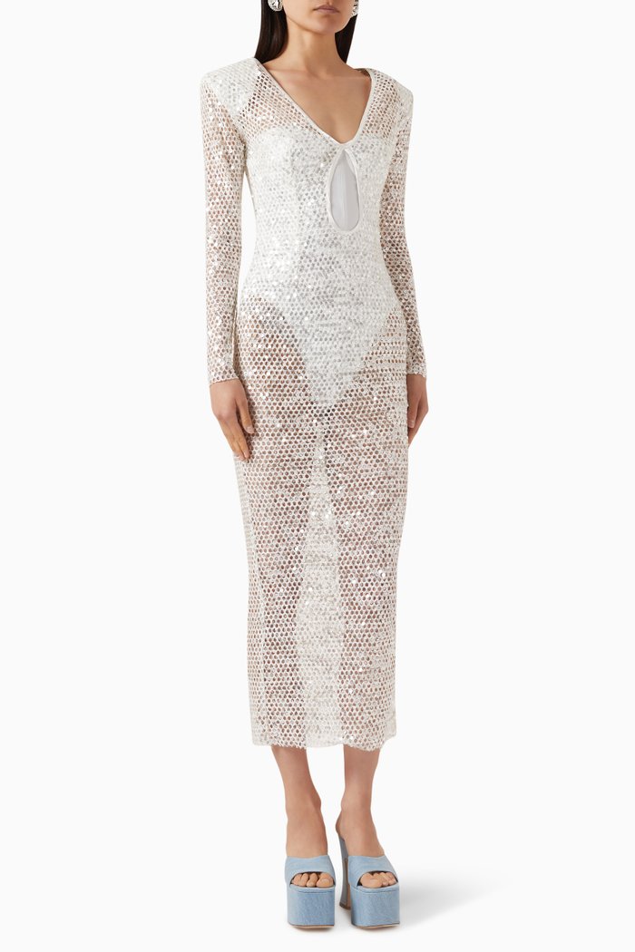 

Teardrop Cut-out Midi Dress in Sequin Fishnet, White