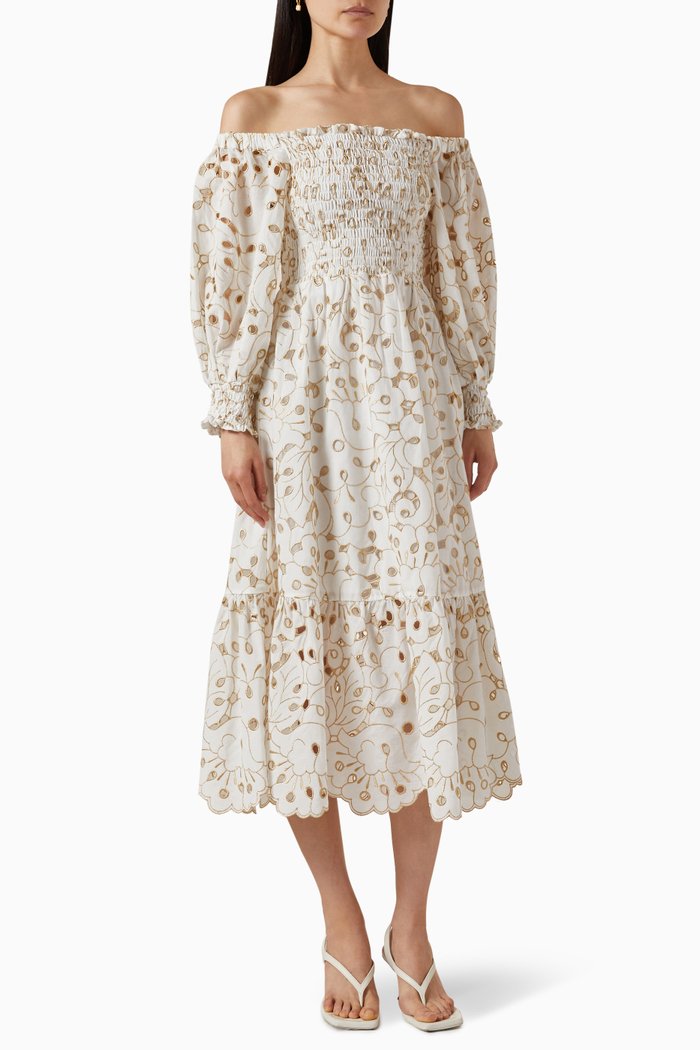 

Ensenada Embroidered Midi Dress in Cotton-blend, White