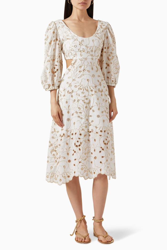 

Merida Embroidered Midi Dress in Cotton-blend, White
