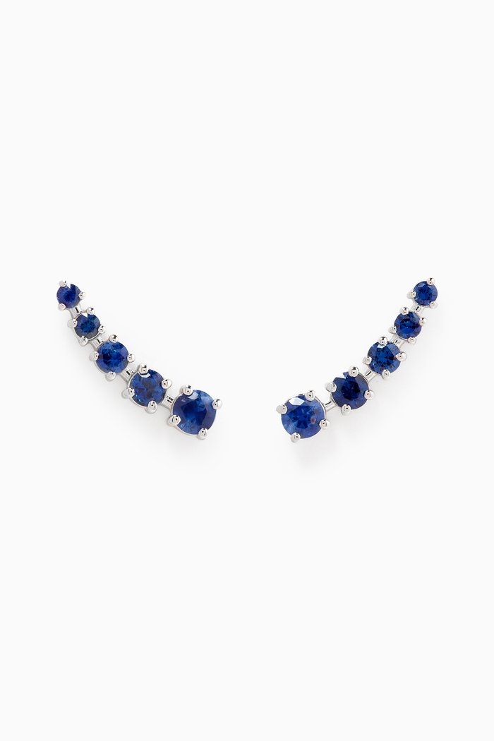 Half Moon Sapphire Bar Earrings in 18kt White Gold, Blue