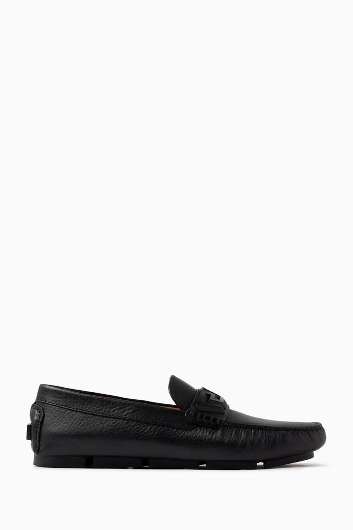 

Greca Driving Loafers in Pebbled Leather, Black