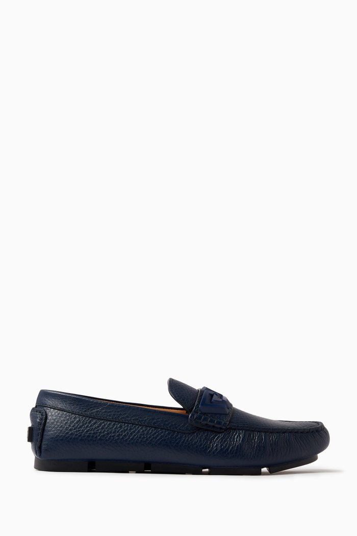 

Greca Driving Loafers in Pebbled Leather, Blue