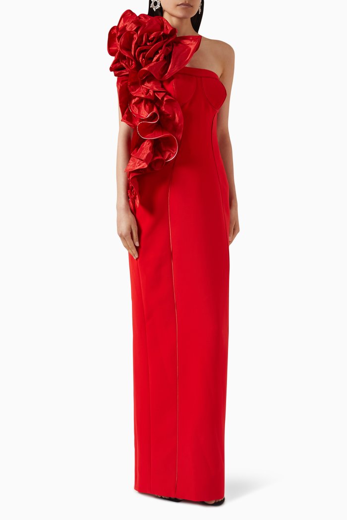 

Dramatic Rosette Column Gown in Crepe, Pink