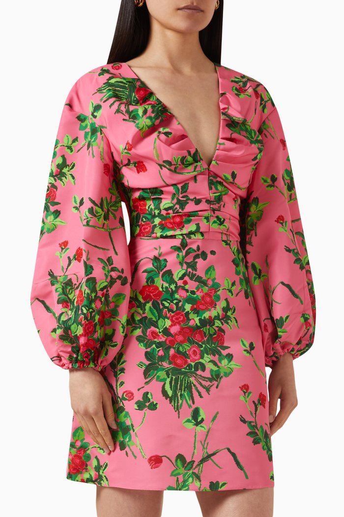 

Rose-print Balloon-sleeve Mini Dress in Faille, Multicolour