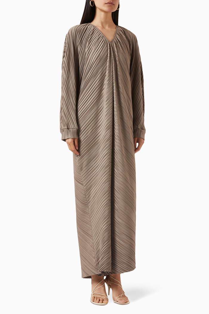 

V-neck Maxi Abaya in PLISSE100©, Neutral