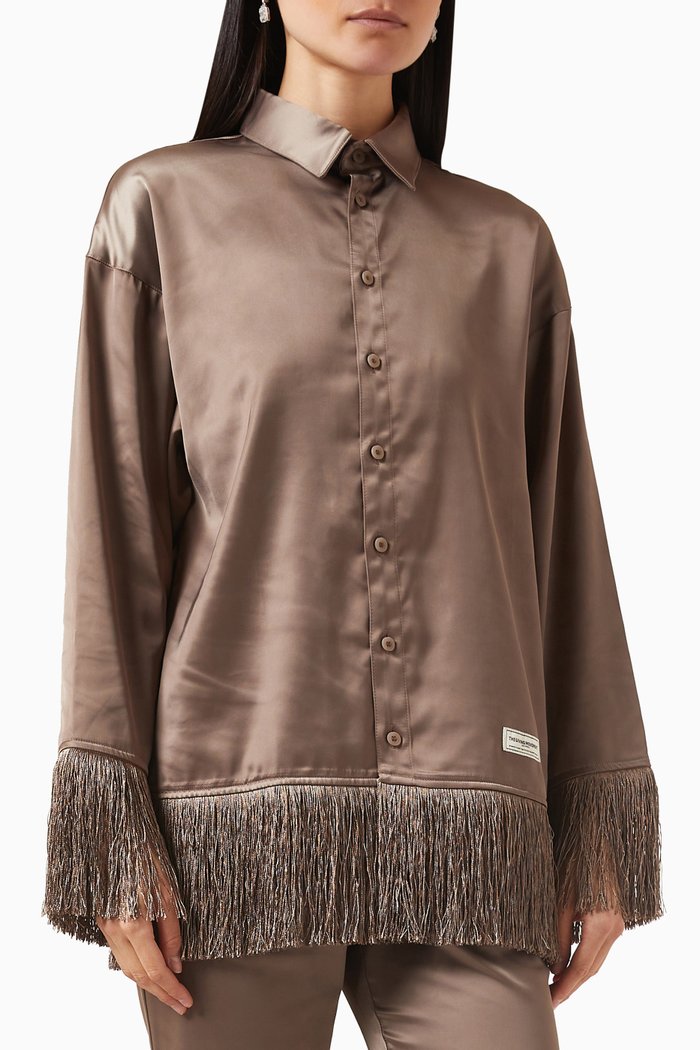 

Tassel-trim Long Shirt in Heavy SATIN100©, Neutral