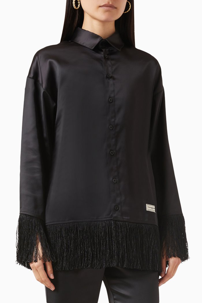 

Tassel-trim Long Shirt in Heavy SATIN100©, Black