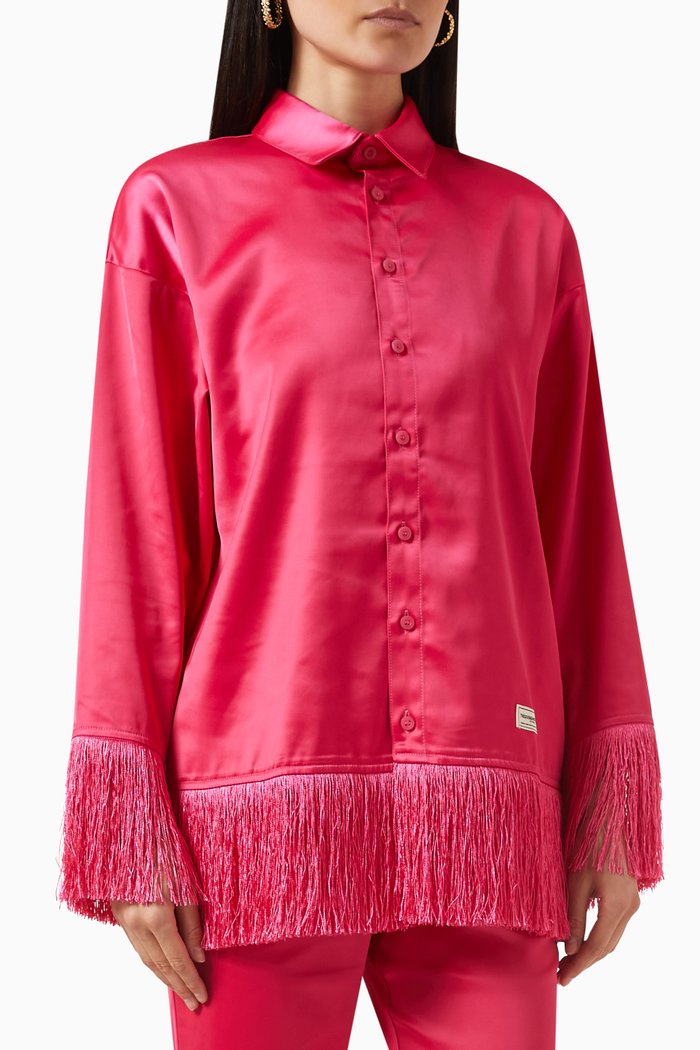

Tassel-trim Long Shirt in Heavy SATIN100©, Pink