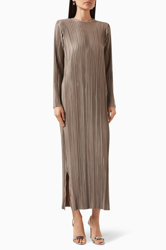 Shoulder-pad Maxi Dress in PLISSE100©, Neutral