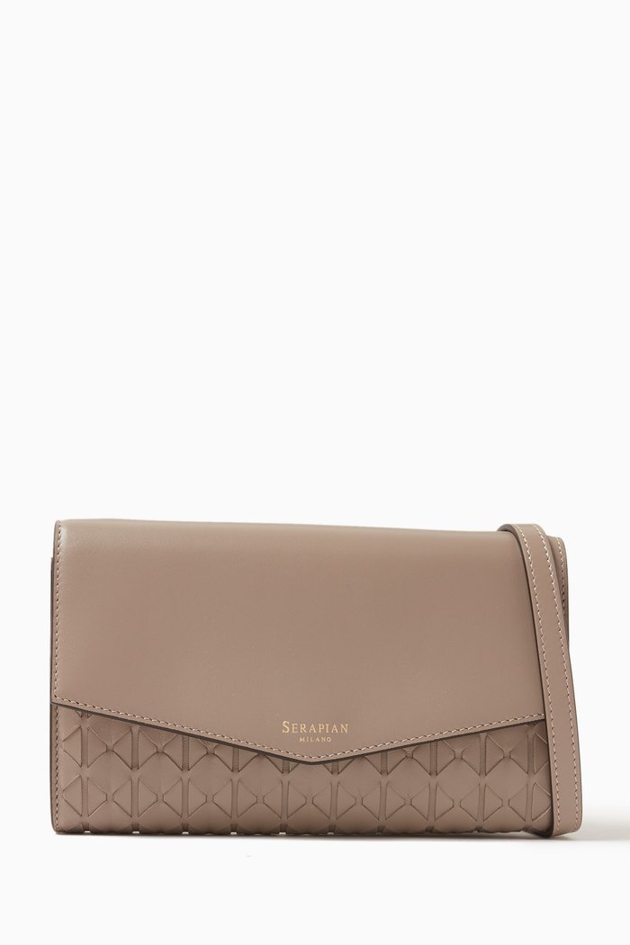 Clutch Shoulder Bag in Mosaico Leather, Neutral