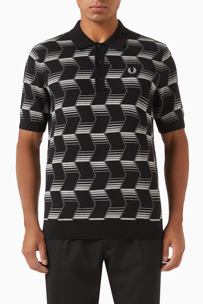 

Chevron-striped Polo Shirt in Cotton-knit, Black