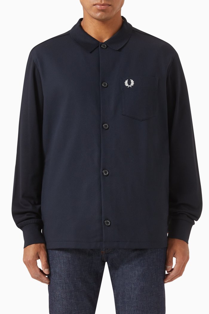 Piqué Panel Shirt in Woven Cotton, Blue