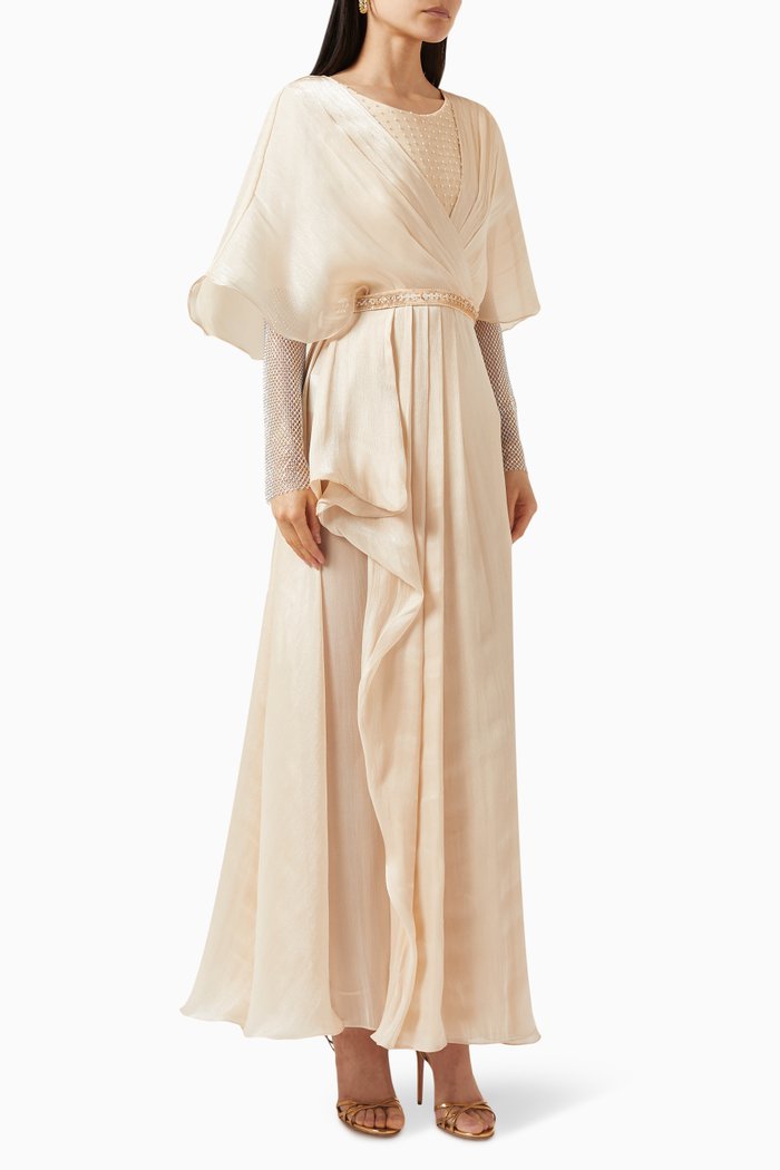 

Belted Mesh Sleeves Maxi Dress, Neutral