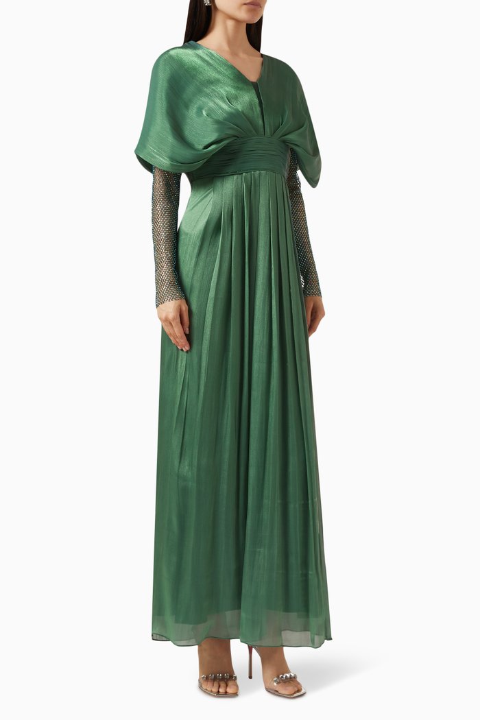 

Mesh Sleeves Pleated Maxi Dress, Green