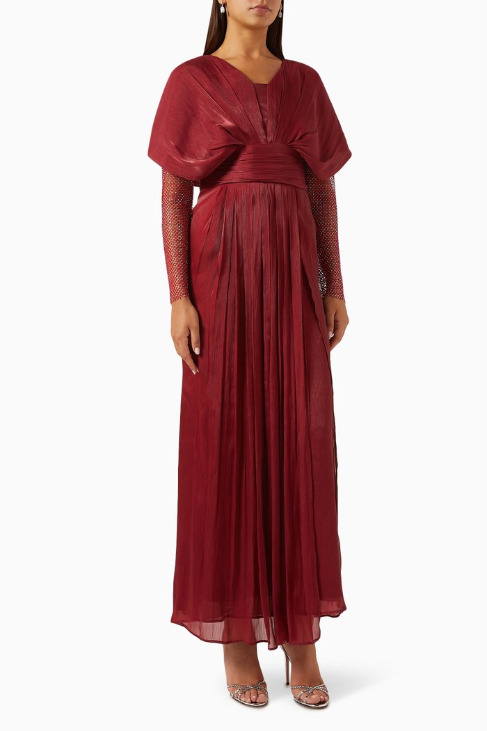 

Mesh Sleeves Pleated Maxi Dress, Red
