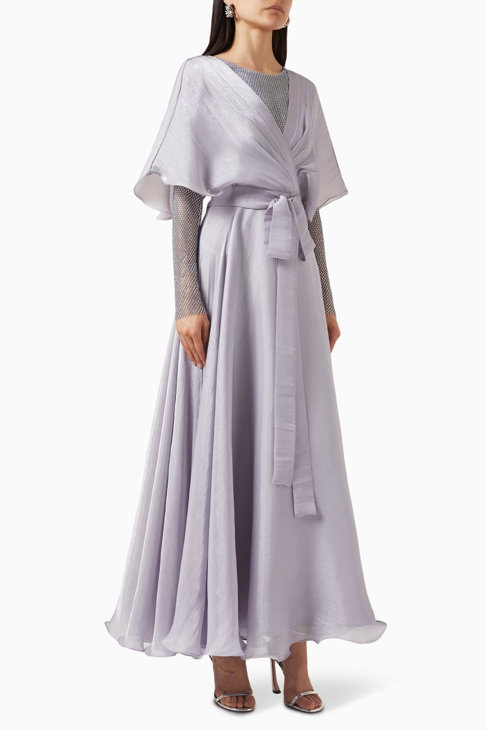 

Mesh-inserts Belted Maxi Dress, Grey