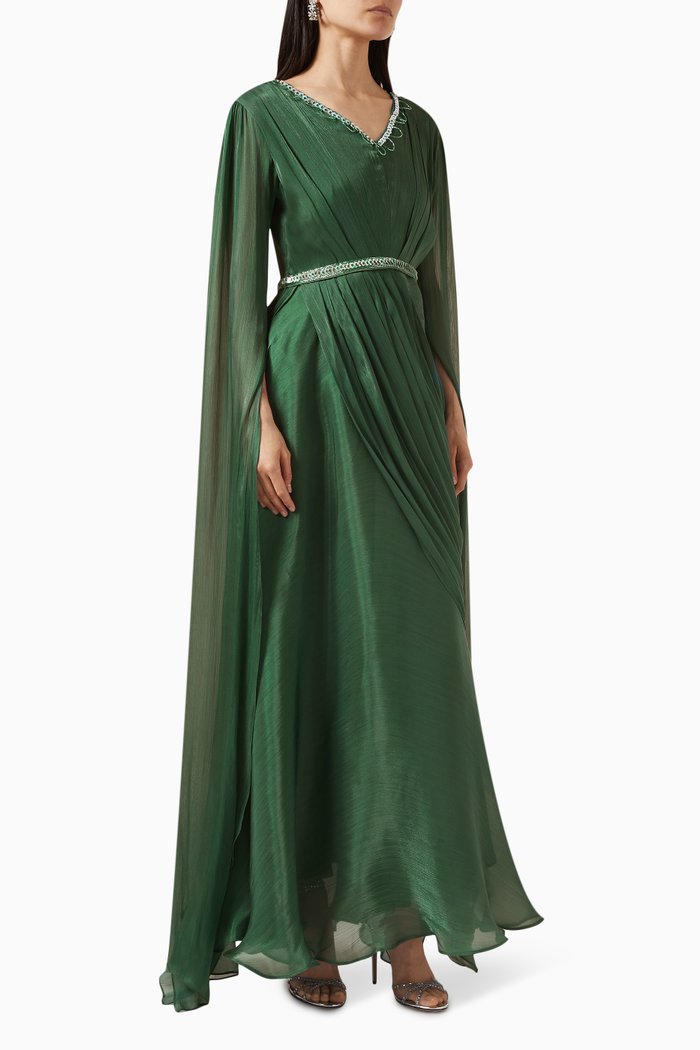 

Exaggerated Sleeves Belted Maxi Dress, Green
