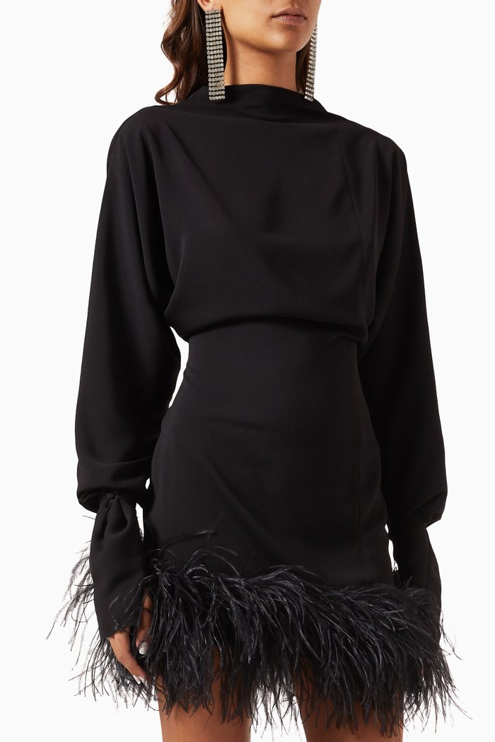 

Flora Feather Mini Dress in Crepe, Black