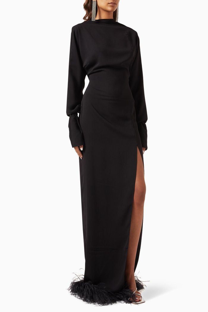

Flora Feather Maxi Dress in Crepe, Black
