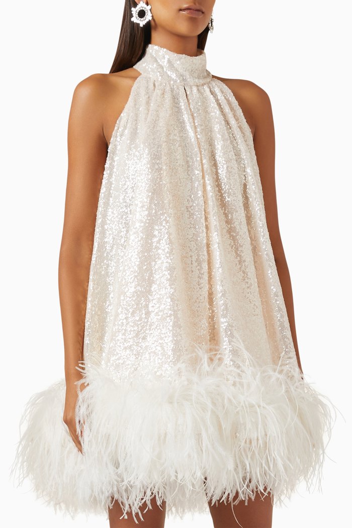 

Cindy Feather Mini Dress in Sequin, Gold