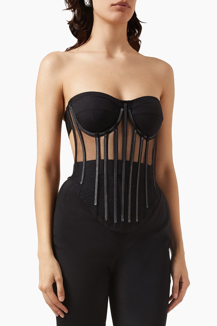 

x Kim Embellished Corset Top in Stretch-tulle, Black