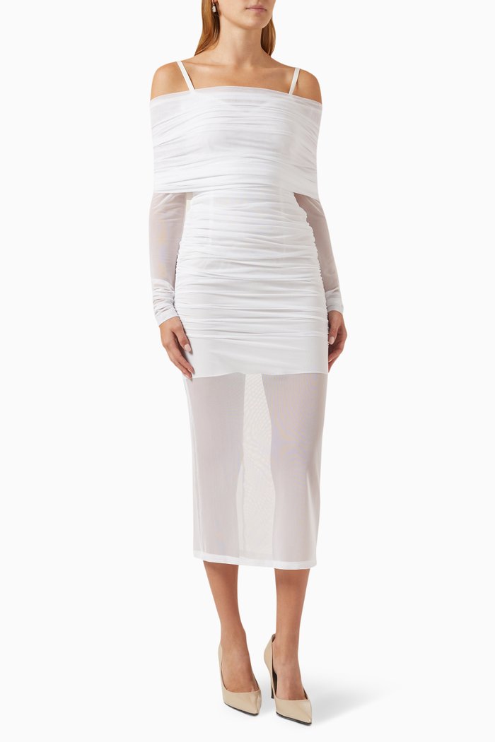 x Kim Off-shoulder Midi Dress in Stretch-tulle, White