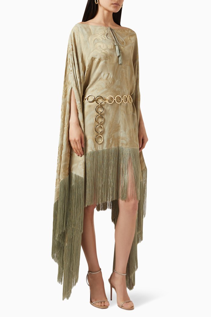 

Veneno Clouds Belted Fringe Kaftan in Viscose, Green