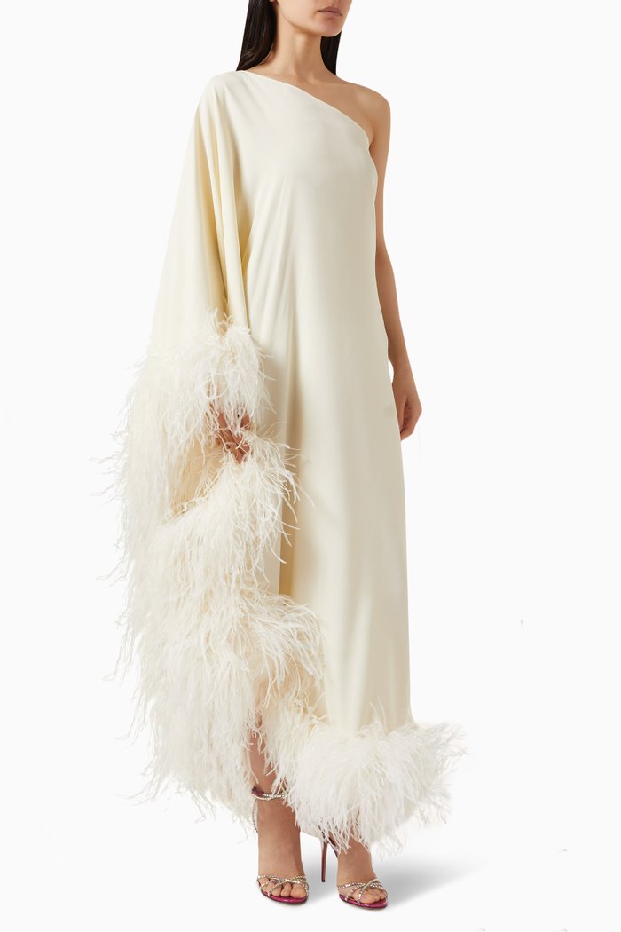 

Ubud Feathered Maxi Dress in Crepe, White