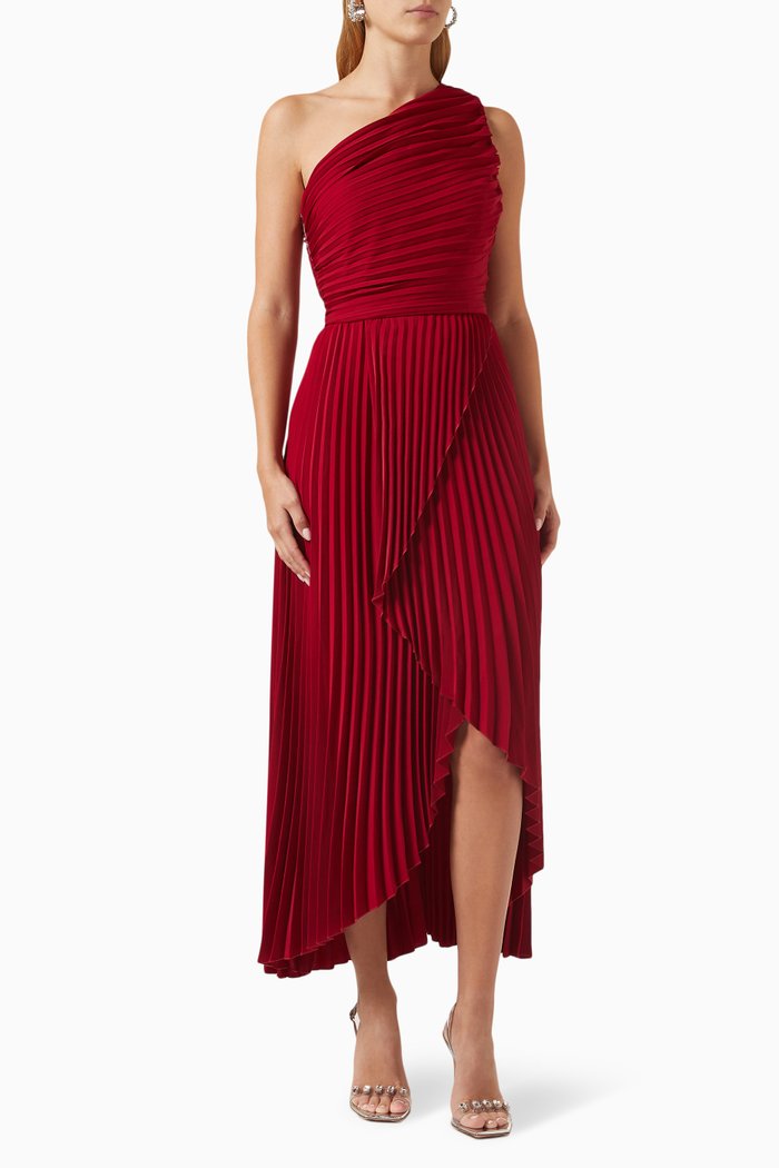 

The Breakthrough Midi Dress in Pleated-fabric, Red