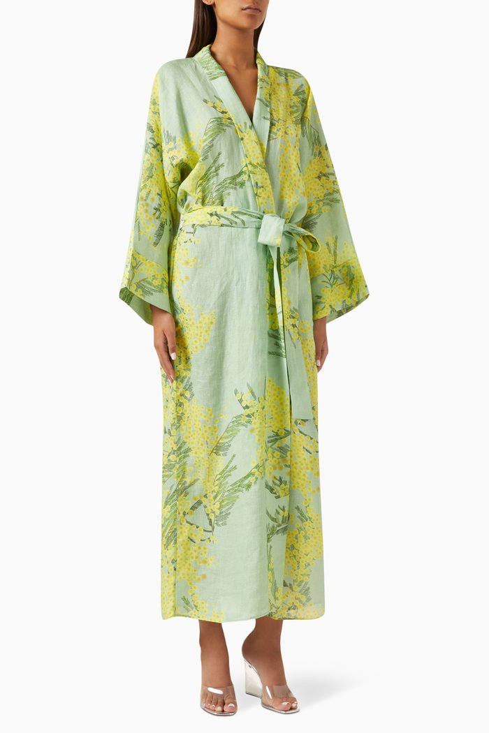 

Peignoir Printed Midi Wrap Dress in Linen, Green