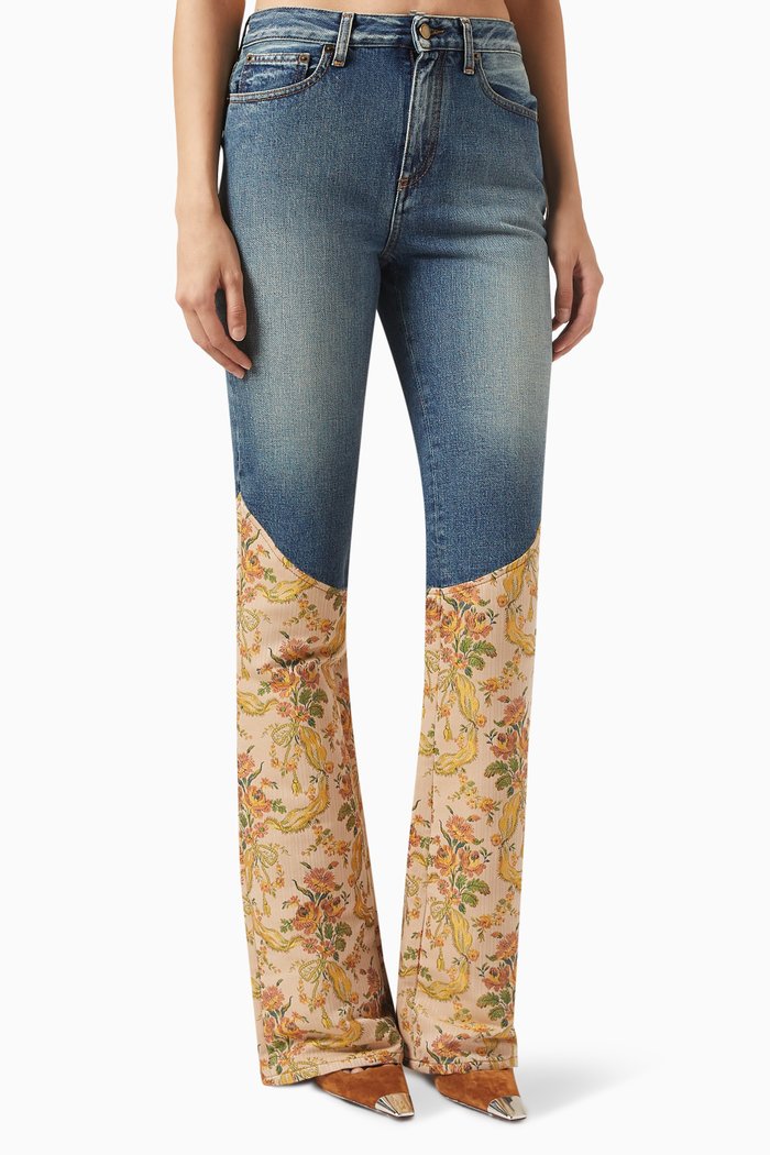 

Patchwork Brocade Flared Jeans in Denim, Blue