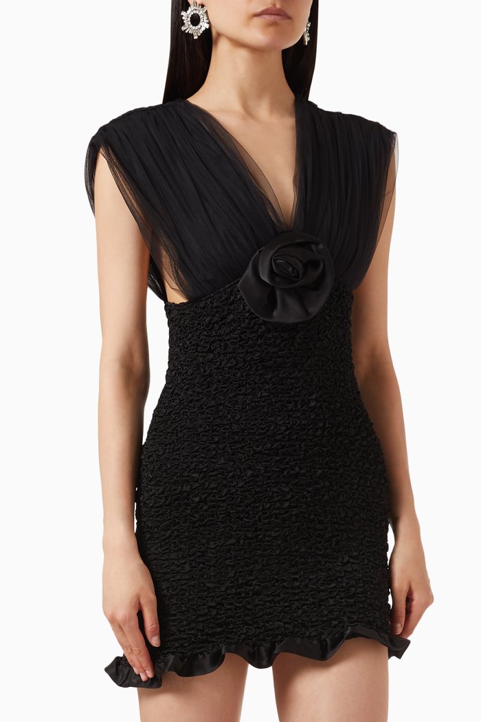 

Ruched Mini Dress in Tulle & Silk Satin, Black