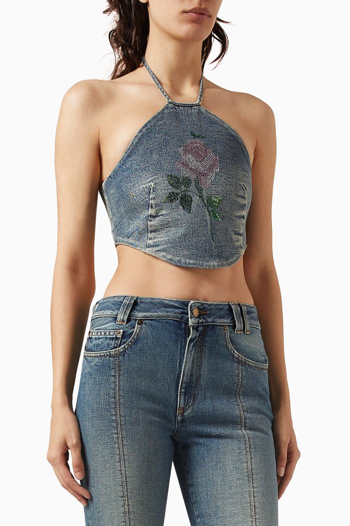 

Crystal Rose Halter Crop Top in Denim, Blue