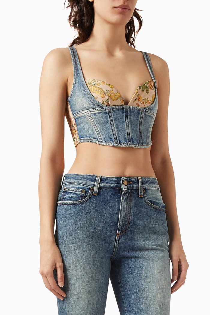 

Patchwork Brocade Corset Crop Top in Denim, Blue