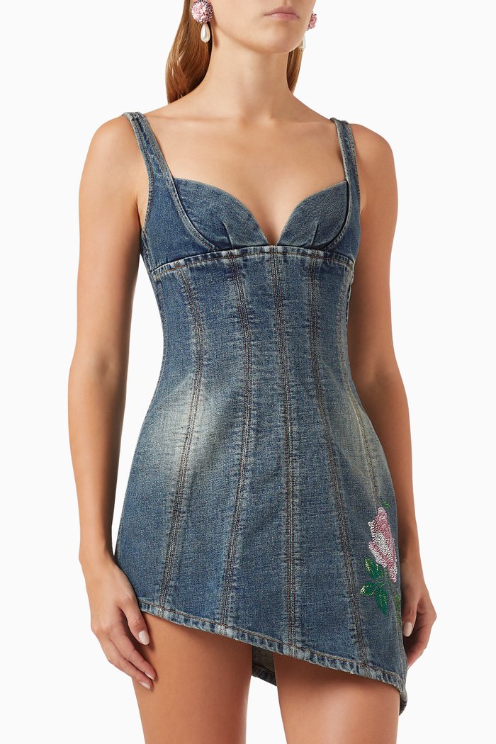 

Crystal Rose Asymmetrical Mini Dress in Denim, Blue