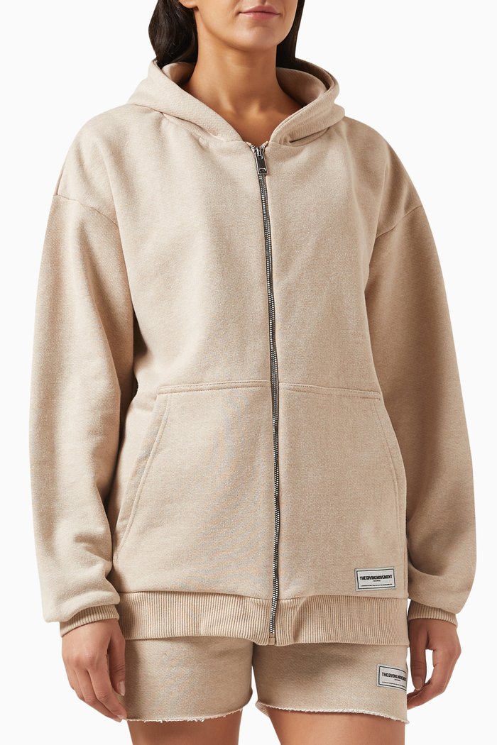

Washed Oversized Zip Hoodie in Organic Cotton, Brown
