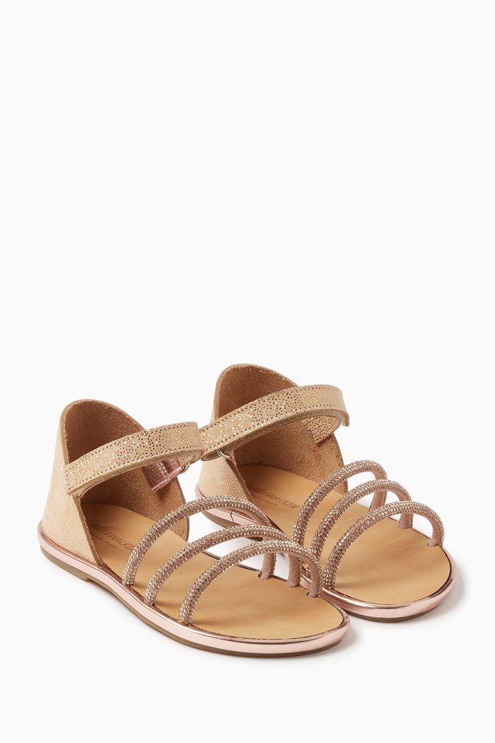 

Rhinestone Triple Band Sandals in Leather, Gold